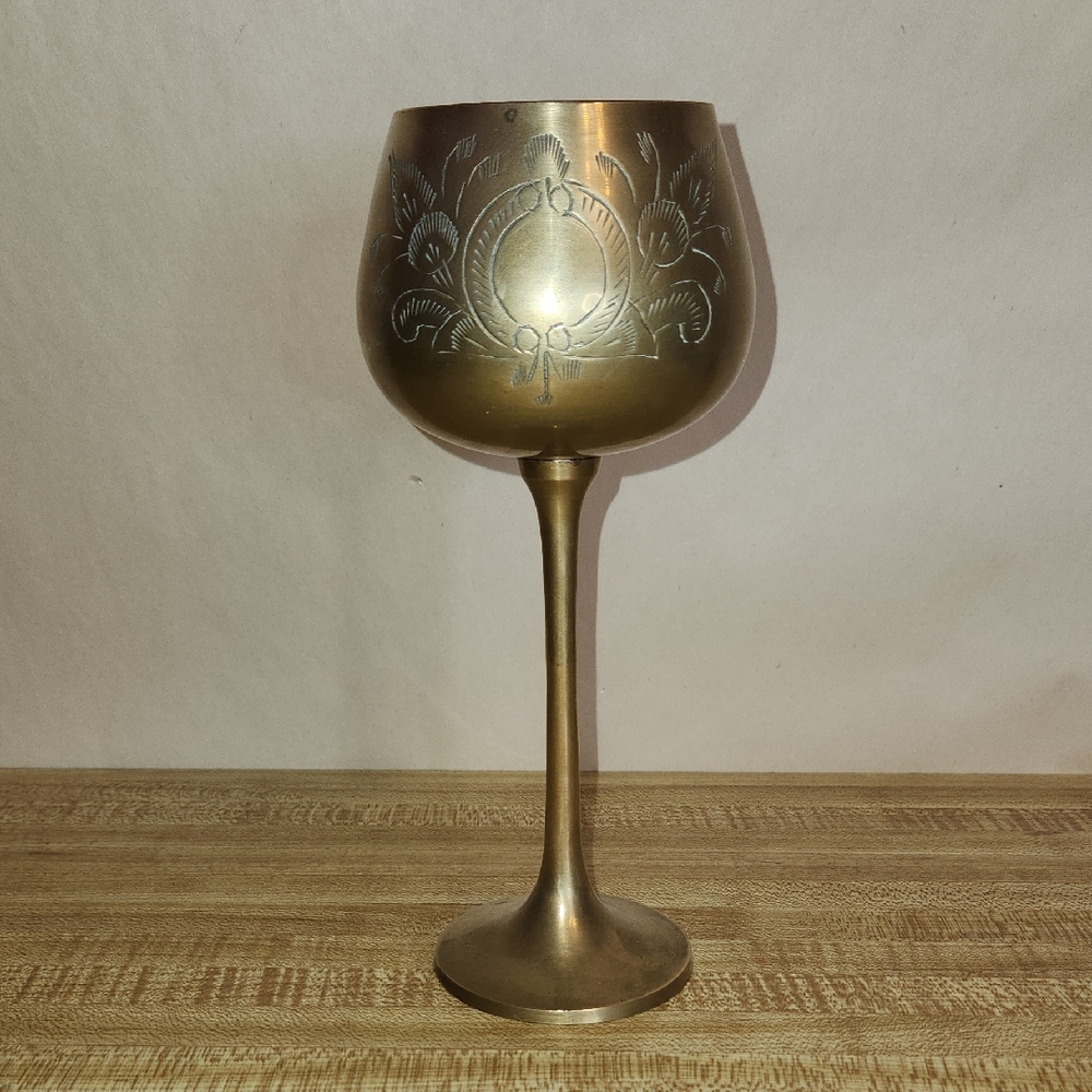 Vintage Solid Brass Art Etched Wine Goblet